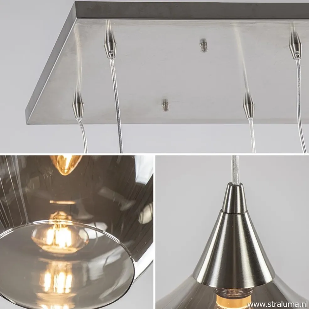 Clearance Straluma Eettafelhanglamp nikkel met smokey glas 8-lichts
