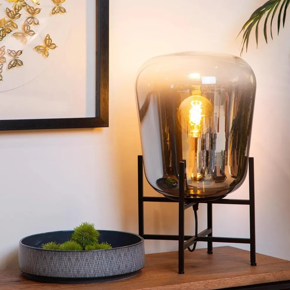 Outlet Straluma Elegante tafellamp zwart frame met smoke glazen kap