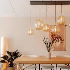 Clearance Straluma Grote 6-lichts eettafelhanglamp messing met amber glazen bollen