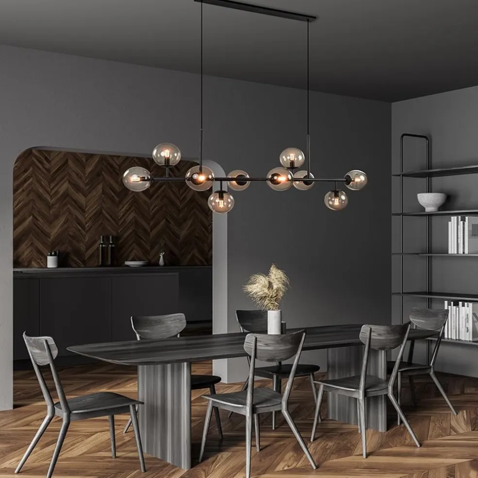 Fashion Straluma Grote 10-lichts hanglamp mat zwart met smoke glazen bollen