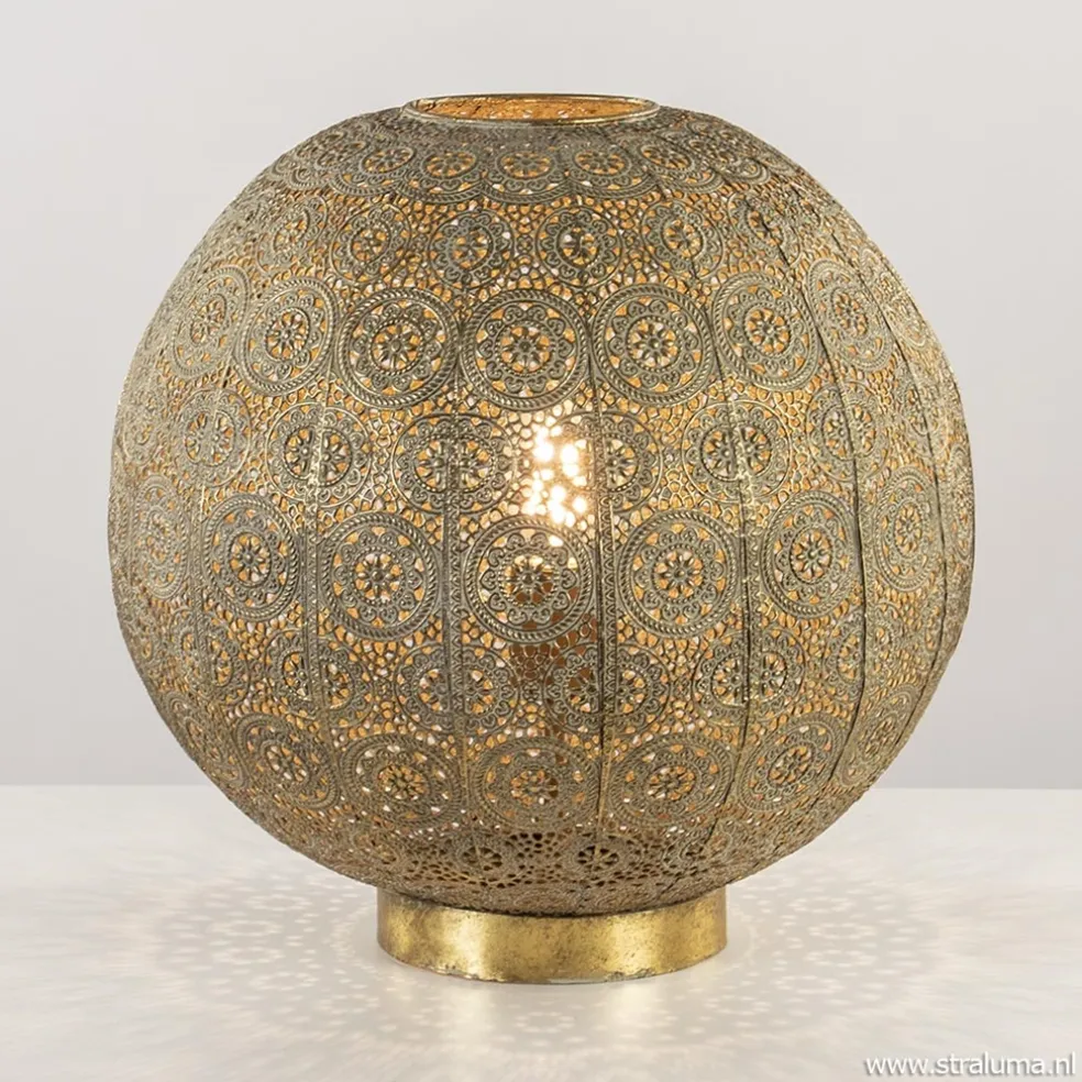 Outlet Straluma Grote tafellamp antiek messing met decoratief dessin