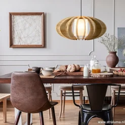 Outlet Straluma Hanglamp 64cm houten lamellen+linnen kap