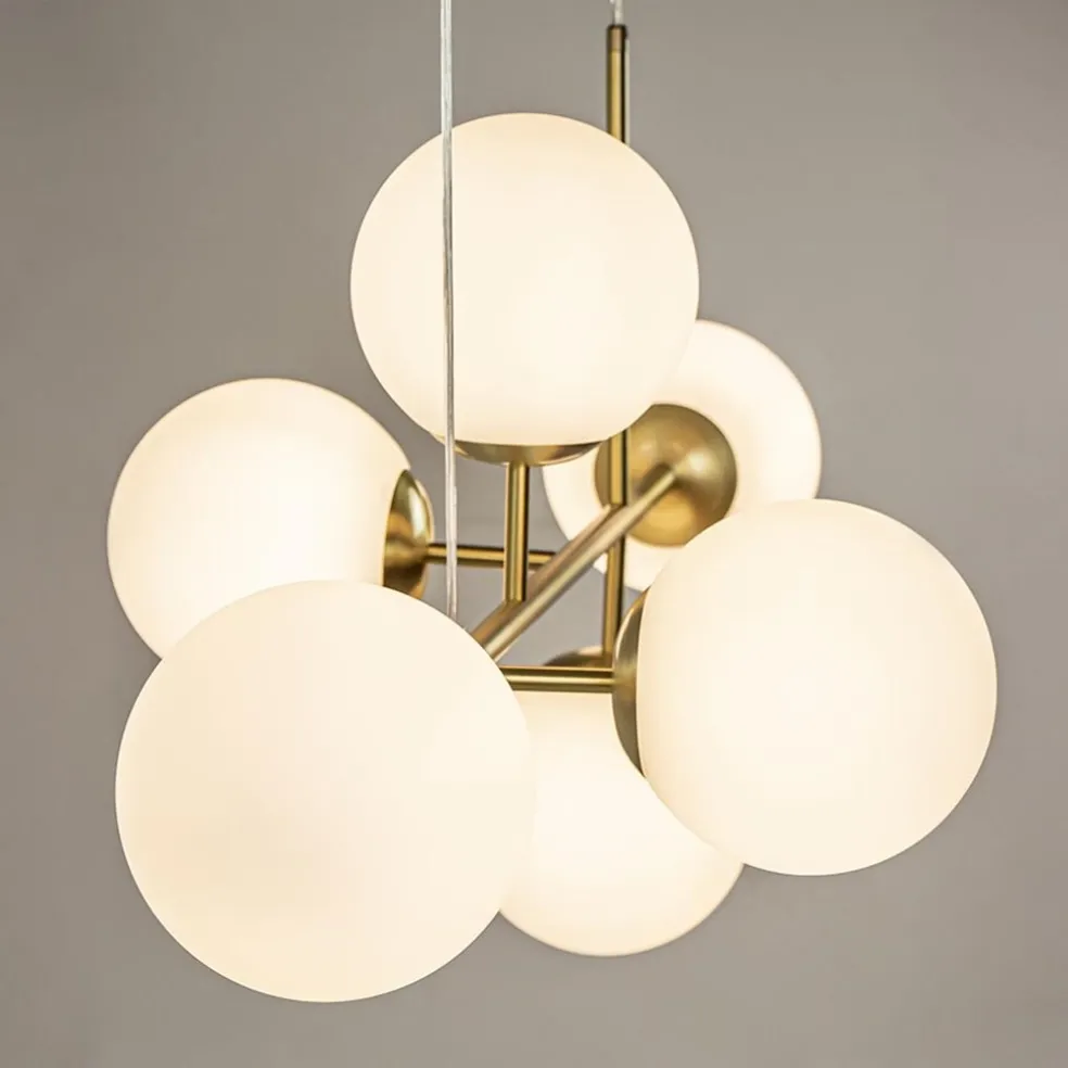 Store Straluma Hanglamp 6L brass met opaal bolglas