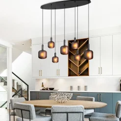Online Straluma Hanglamp 7-lichts ovaal met mat zwart glas