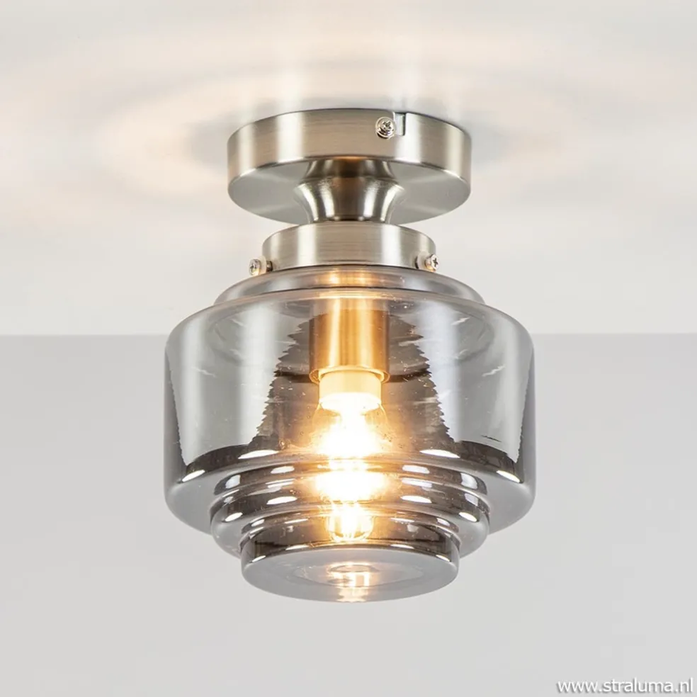 Outlet Straluma Kleine plafondlamp hal/toilet met smokey glazen kap