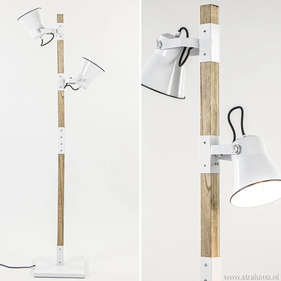 Discount Straluma Landelijke 2-lichts vloerlamp hout met witte kappen