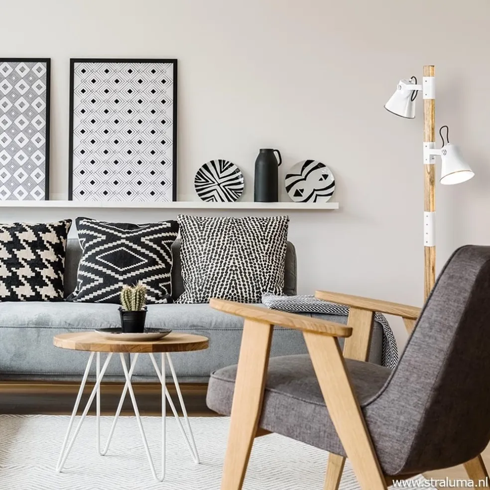 Discount Straluma Landelijke 2-lichts vloerlamp hout met witte kappen