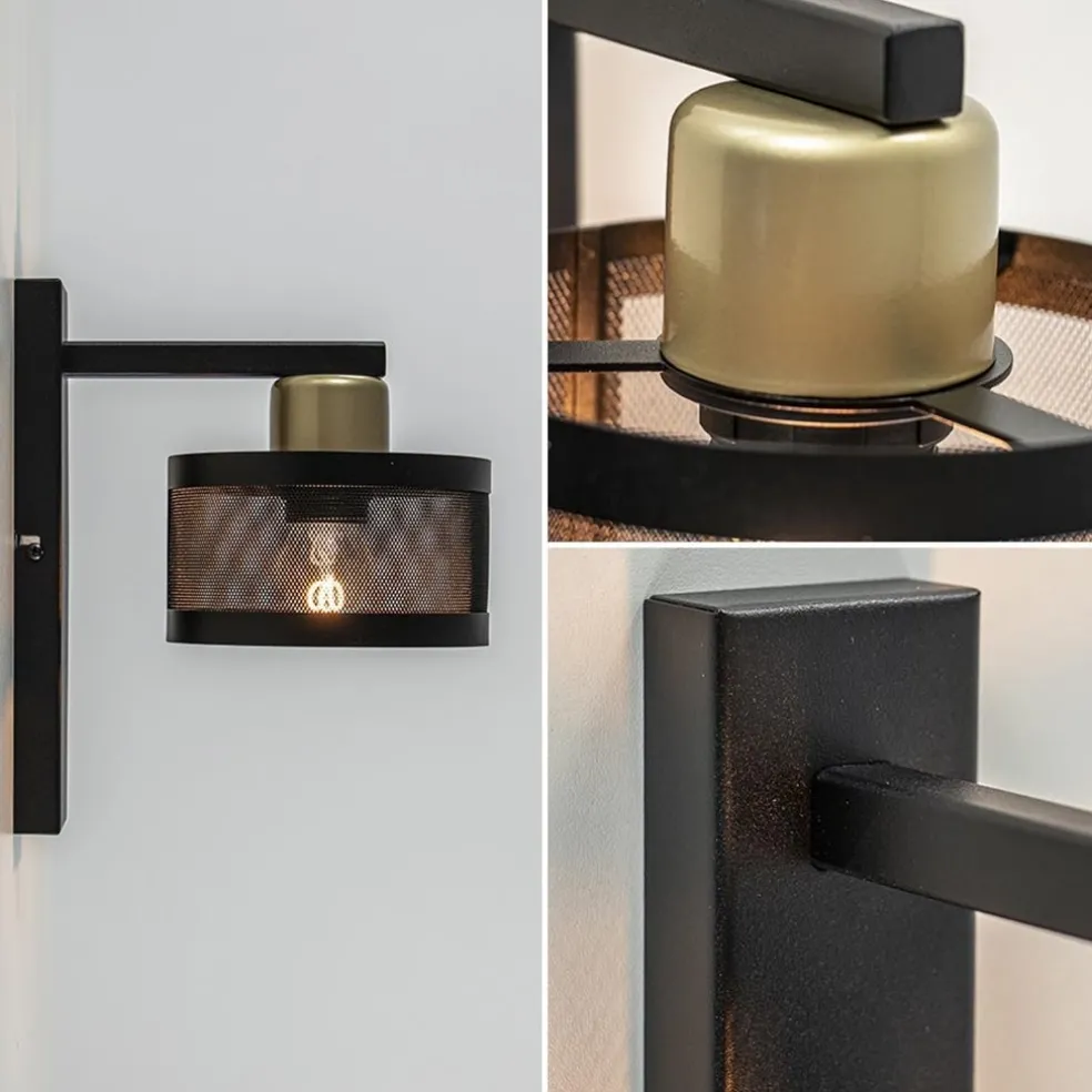 New Straluma Landelijke wandlamp zwart/goud met ronde kap