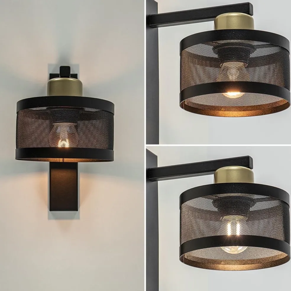 New Straluma Landelijke wandlamp zwart/goud met ronde kap