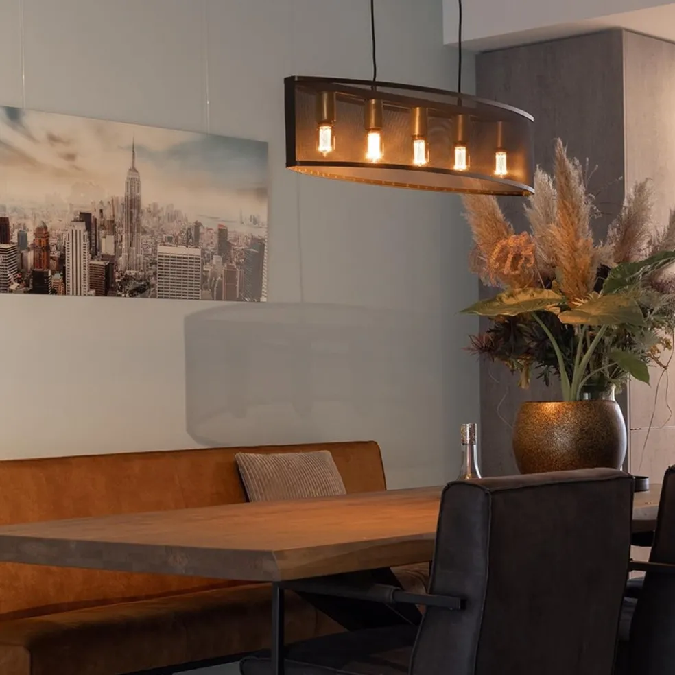 New Straluma Langwerpige hanglamp mat zwart metaal met goud