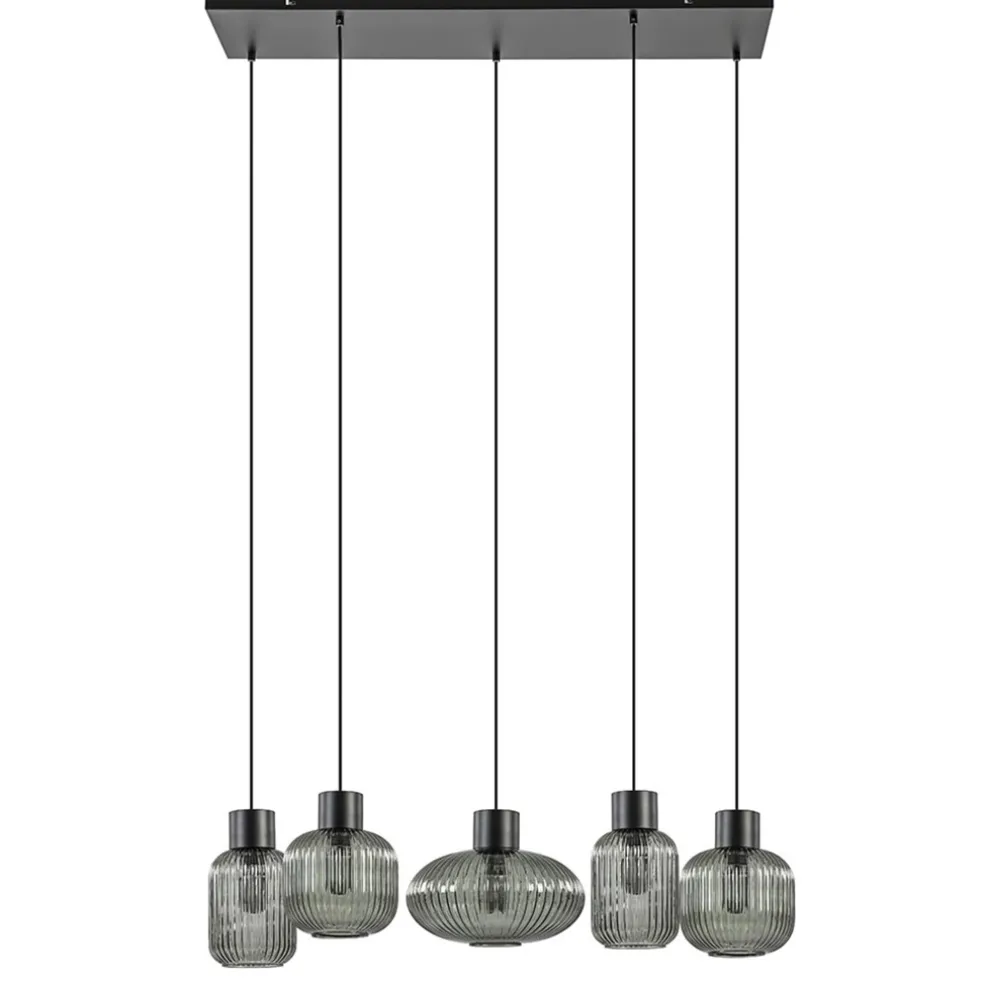 New Straluma 5-Lichts eettafelhanglamp geribbeld smoke glas met zwart