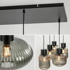 New Straluma 5-Lichts eettafelhanglamp geribbeld smoke glas met zwart