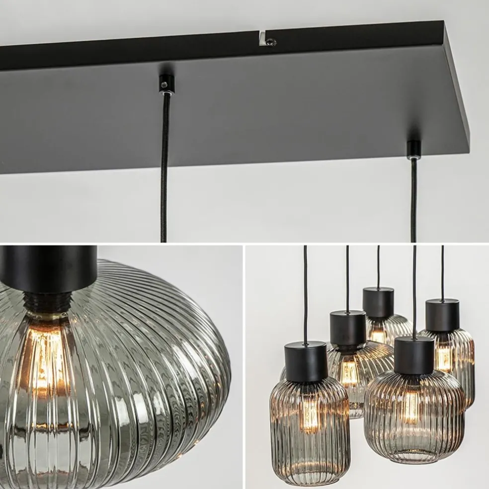 New Straluma 5-Lichts eettafelhanglamp geribbeld smoke glas met zwart