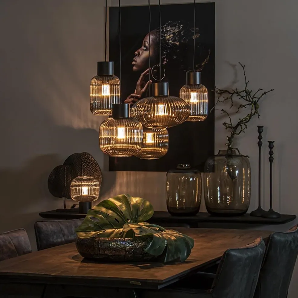 New Straluma 5-Lichts eettafelhanglamp geribbeld smoke glas met zwart