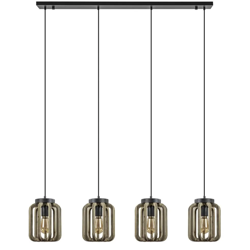 New Straluma 4-Lichts eettafelhanglamp mat zwart met ruw hout