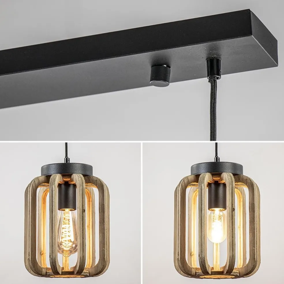 New Straluma 4-Lichts eettafelhanglamp mat zwart met ruw hout