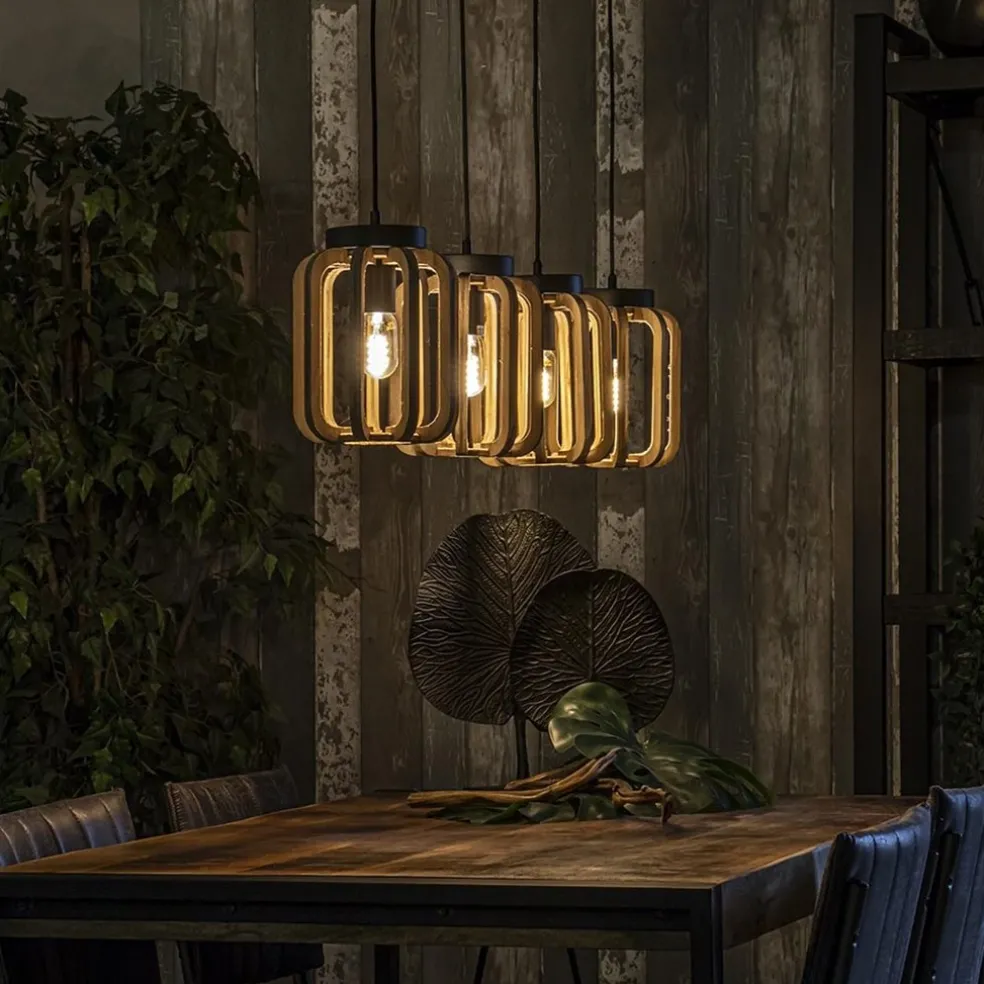 New Straluma 4-Lichts eettafelhanglamp mat zwart met ruw hout