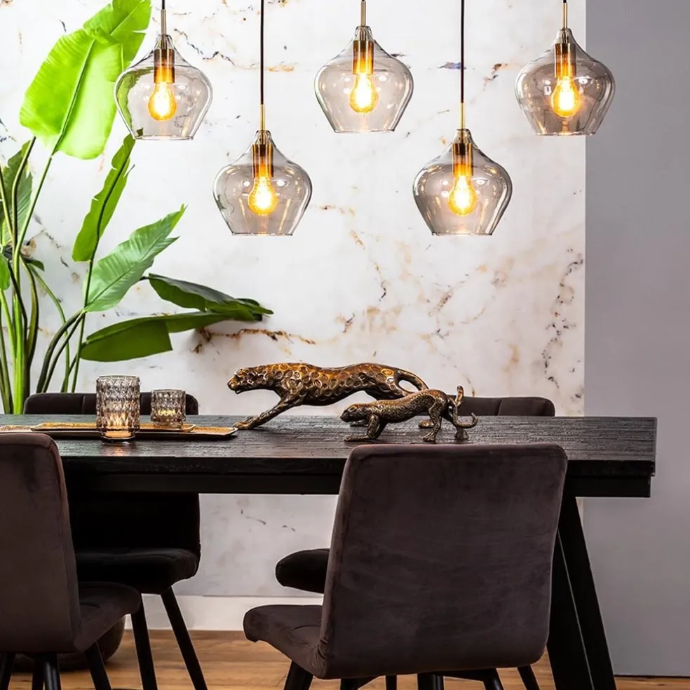 Online Straluma 5-Lichts eettafelhanglamp Rakel antiek brass met smoke glas