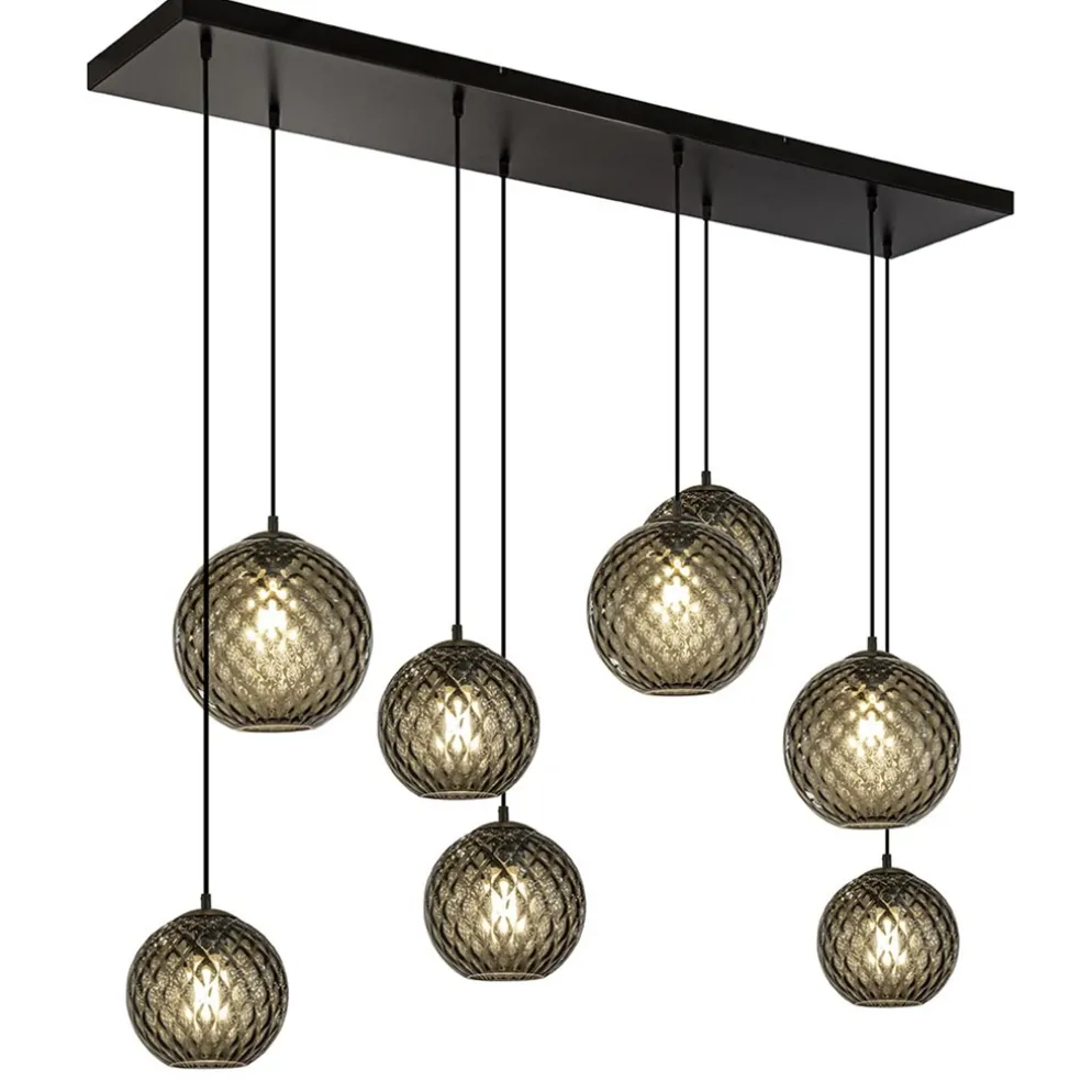 New Straluma 8-Lichts eettafelhanglamp zwart met smoke glazen kappen reliëf
