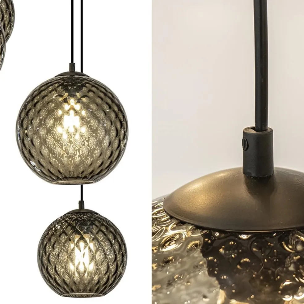 New Straluma 8-Lichts eettafelhanglamp zwart met smoke glazen kappen reliëf