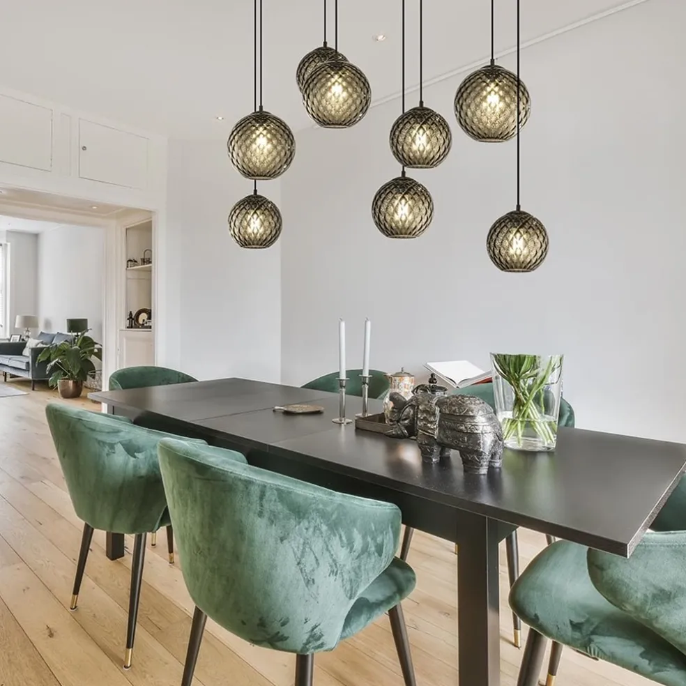 New Straluma 8-Lichts eettafelhanglamp zwart met smoke glazen kappen reliëf