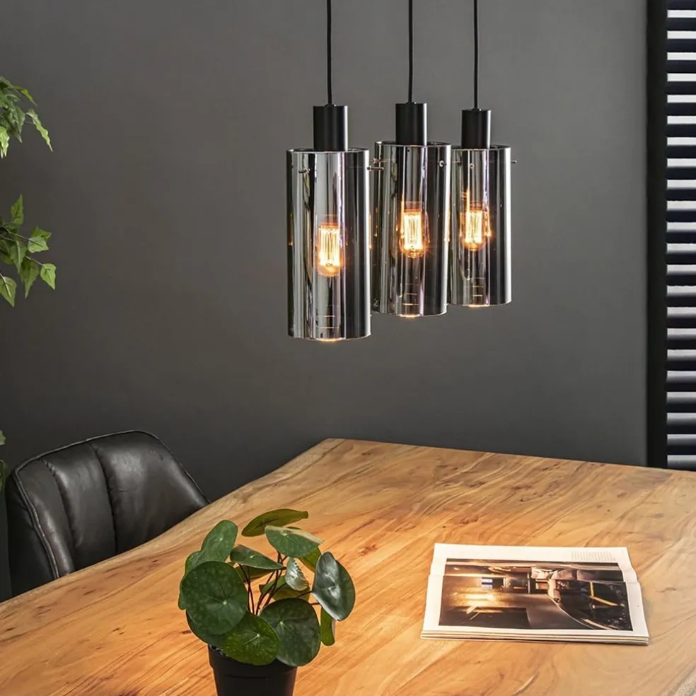 Discount Straluma 3-Lichts eettafelhanglamp zwart met cilinder smoke glas