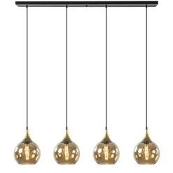 Hot Straluma 4-Lichts eettafelhanglamp zwart/goud met amber glazen bollen