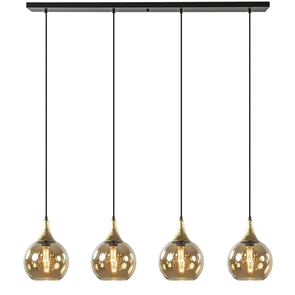 Hot Straluma 4-Lichts eettafelhanglamp zwart/goud met amber glazen bollen