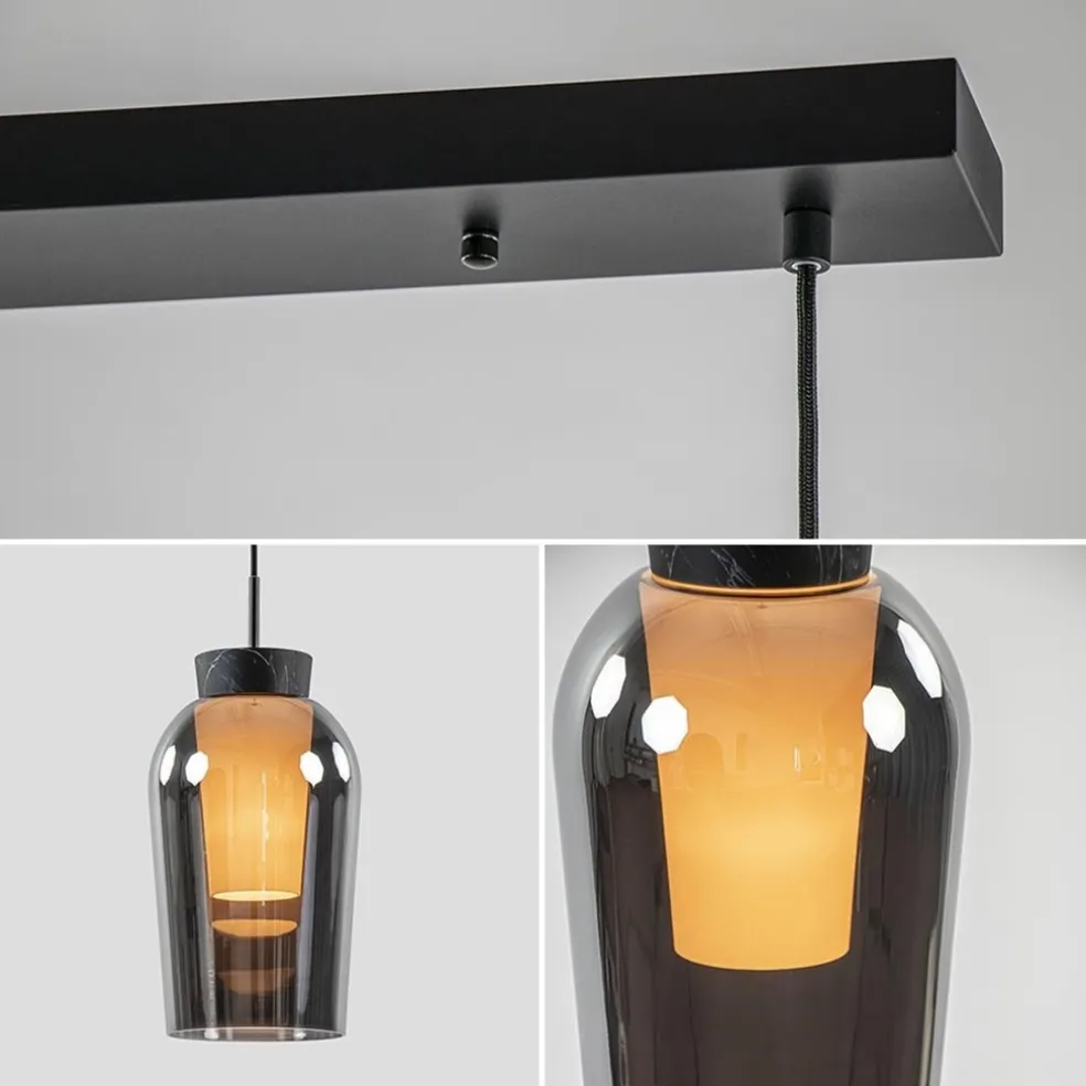 Discount Straluma 3-Lichts hanglamp balk zwart/marmer met smoke glas