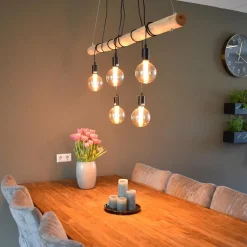 Best Straluma 5-Lichts hanglamp houten balk met zwarte pendels