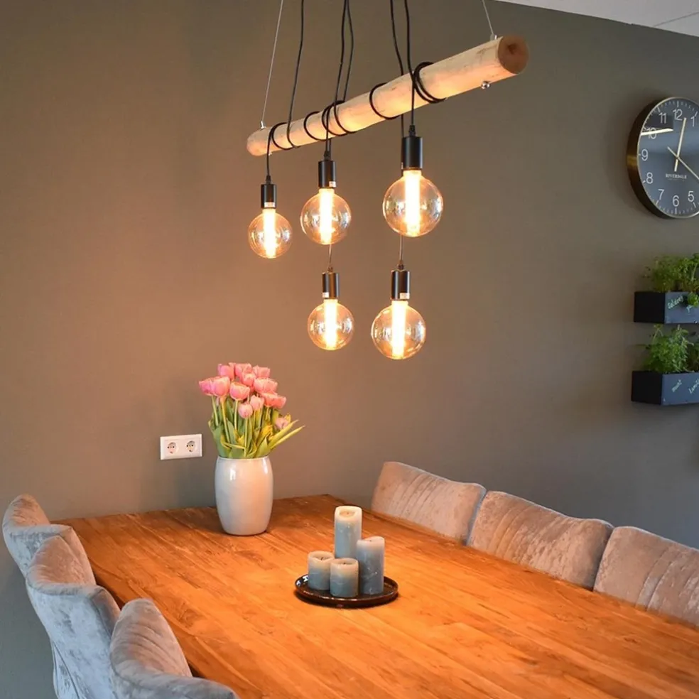 Best Straluma 5-Lichts hanglamp houten balk met zwarte pendels