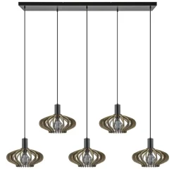 New Straluma 5-Lichts hanglamp zwart met naturel houten kappen