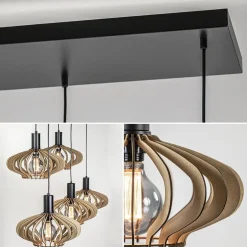 New Straluma 5-Lichts hanglamp zwart met naturel houten kappen