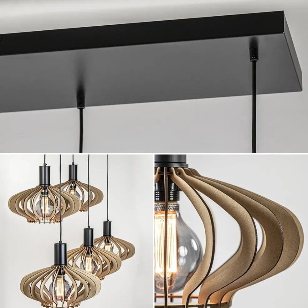 New Straluma 5-Lichts hanglamp zwart met naturel houten kappen