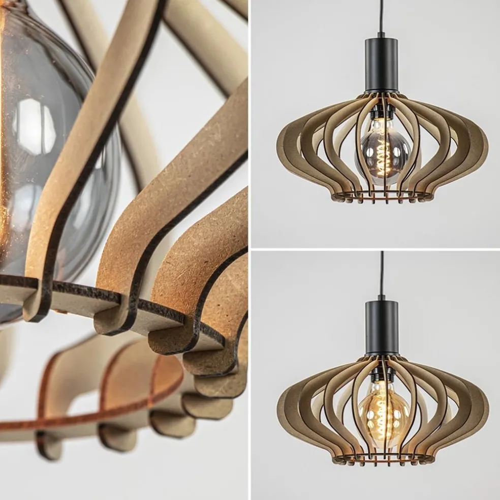 New Straluma 5-Lichts hanglamp zwart met naturel houten kappen