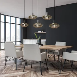New Straluma 5-Lichts hanglamp zwart met naturel houten kappen