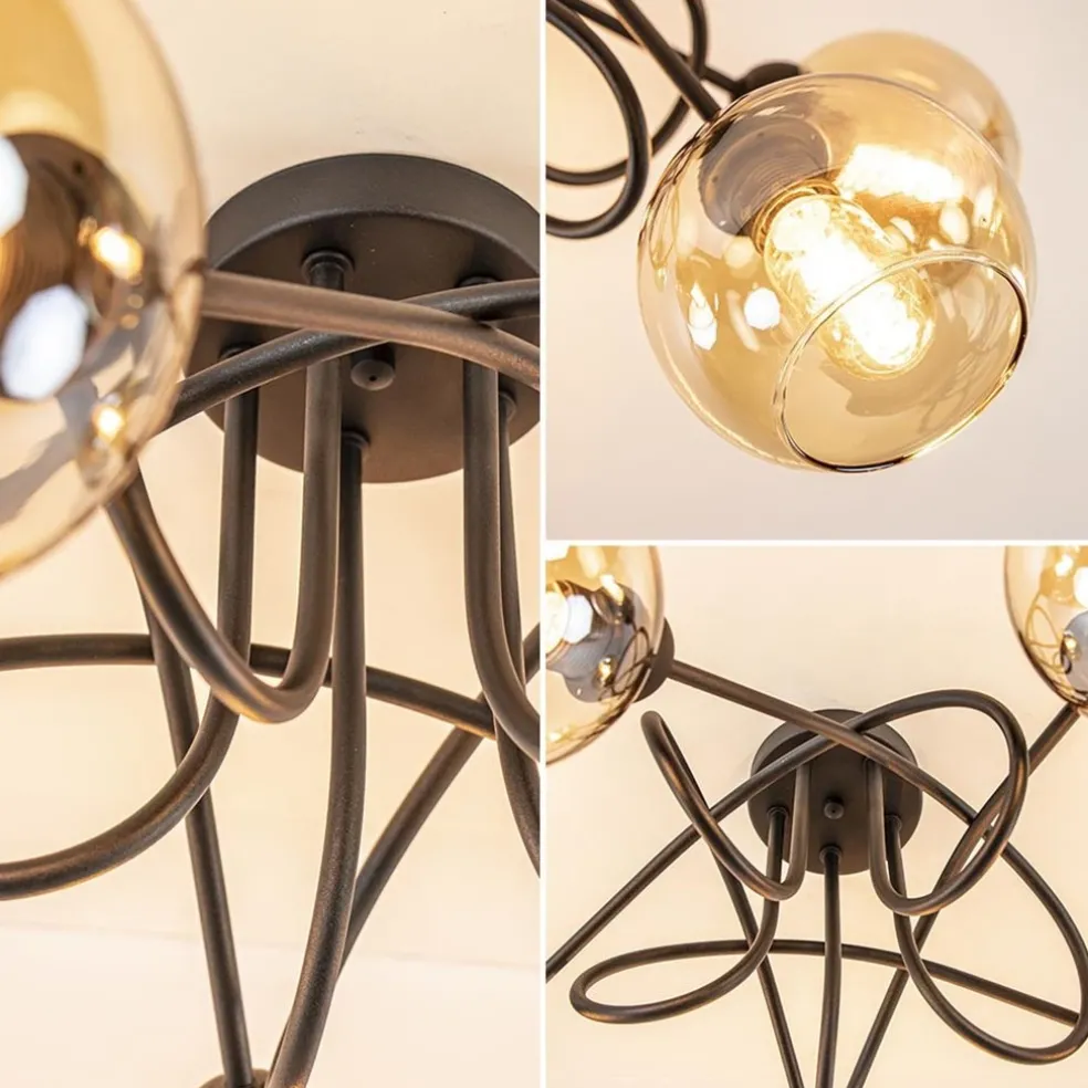 Sale Straluma 5-Lichts klassieke plafondlamp zwart met amber glazen bollen