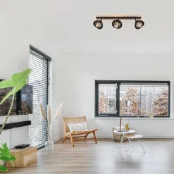 Sale Straluma 3-Lichts plafondlamp zwart met verstelbare houten kappen