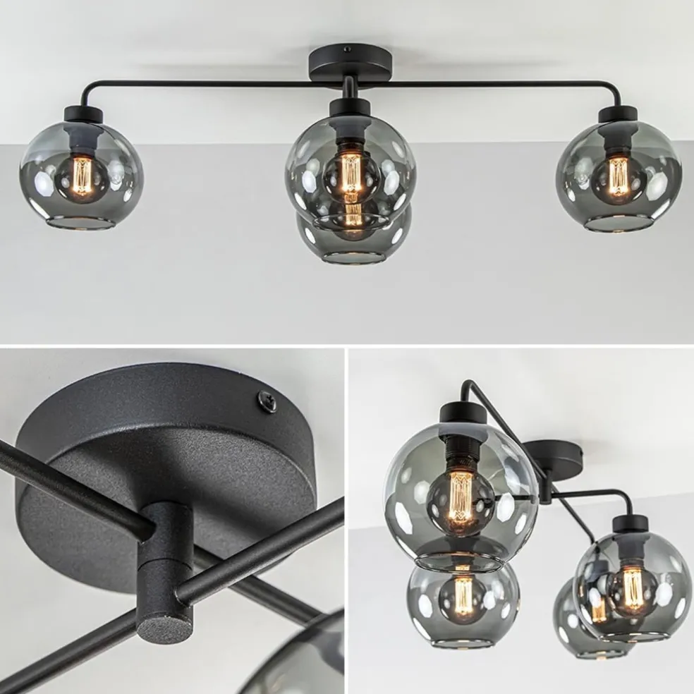 Discount Straluma 4-Lichts plafondlamp zwart met smoke glazen bollen