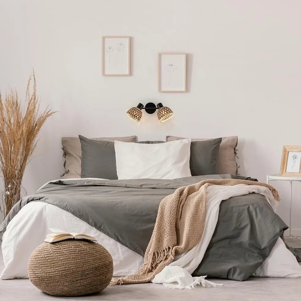 Store Straluma 2-Lichts plafond/wandlamp zwart met bamboe kappen