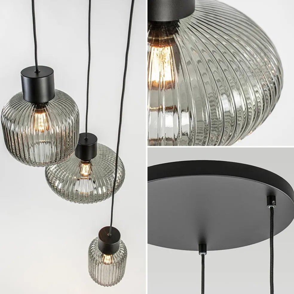Outlet Straluma 3-Lichts ronde eettafelhanglamp zwart met smoke glas
