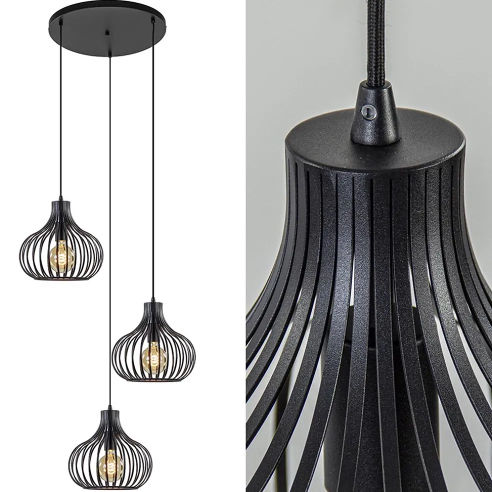 Hot Straluma 3-Lichts ronde hanglamp met zwarte draadkappen