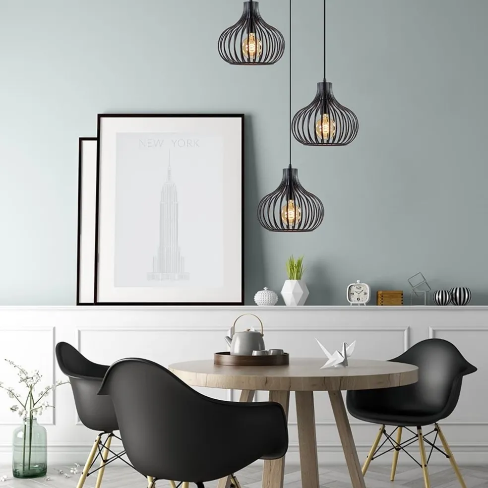 Hot Straluma 3-Lichts ronde hanglamp met zwarte draadkappen