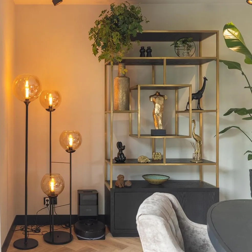 Store Straluma 3-Lichts vloerlamp mat zwart met amber glazen bollen