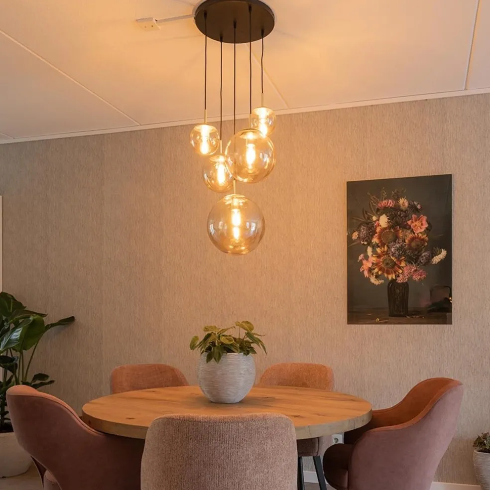 Online Straluma Luxe 5-lichts videlamp messing met amber glazen bollen