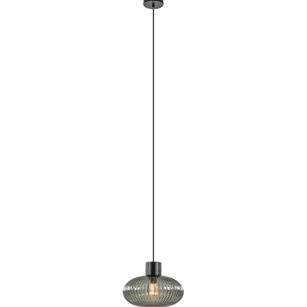 Sale Straluma Mat zwarte hanglamp met geribbeld smoke glas ovaal