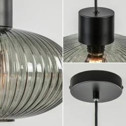 Sale Straluma Mat zwarte hanglamp met geribbeld smoke glas ovaal