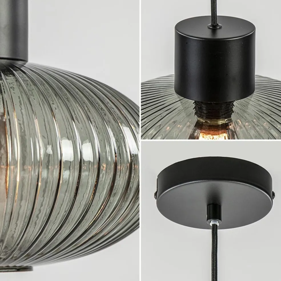 Sale Straluma Mat zwarte hanglamp met geribbeld smoke glas ovaal