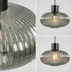 Sale Straluma Mat zwarte hanglamp met geribbeld smoke glas ovaal
