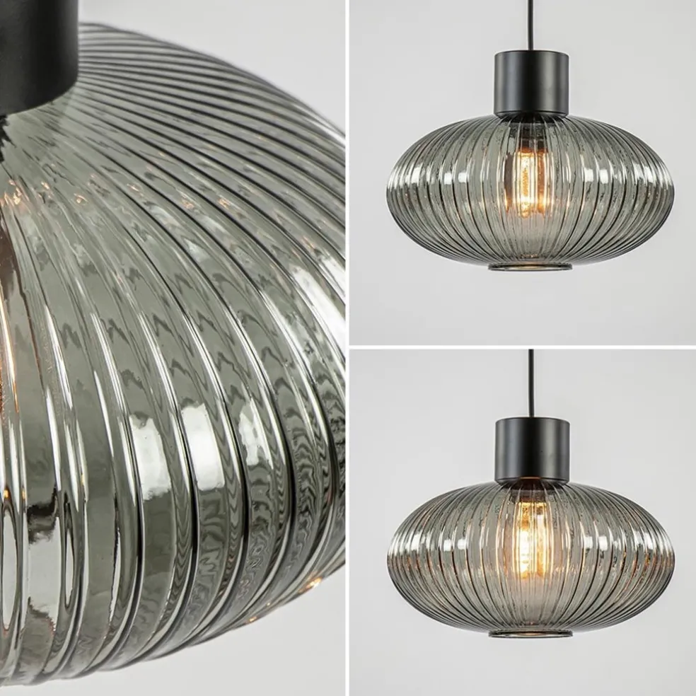 Sale Straluma Mat zwarte hanglamp met geribbeld smoke glas ovaal